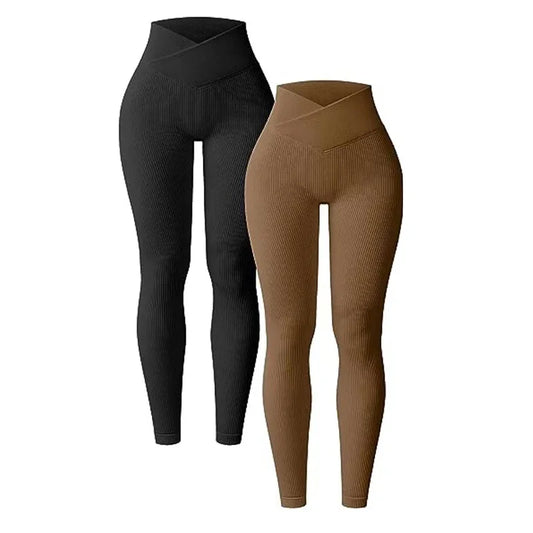 Slim Cut Casual Leggings 'Seamless High Waist' Ribbed Pattern Solid Color