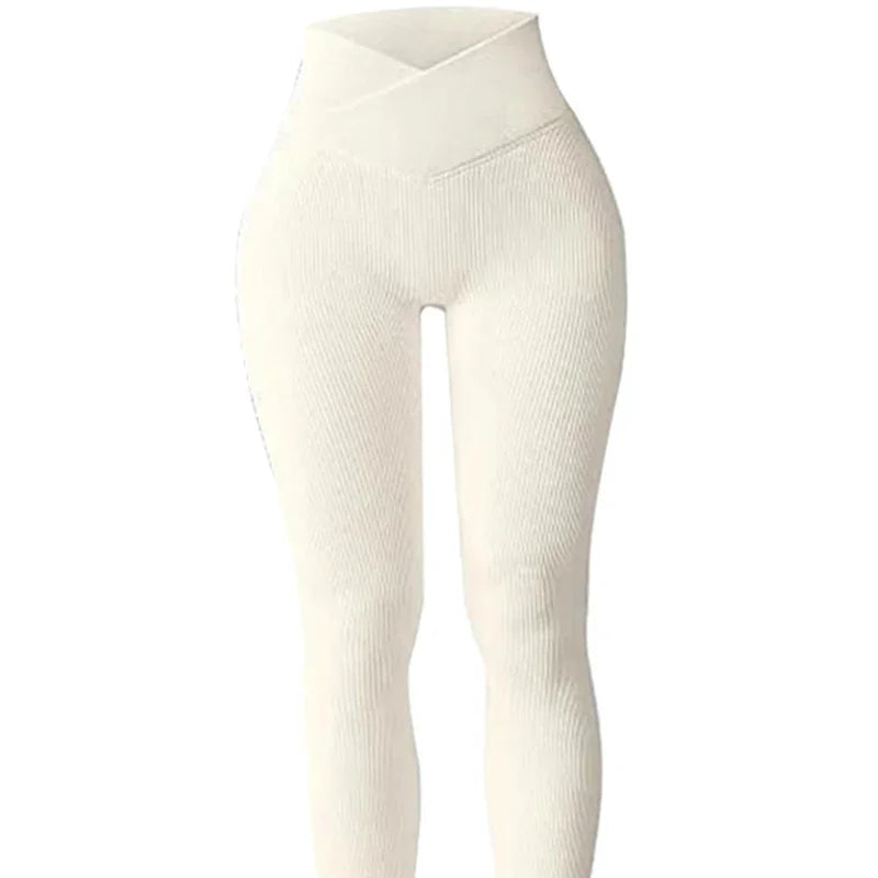 Slim Cut Casual Leggings 'Seamless High Waist' Ribbed Pattern Solid Color