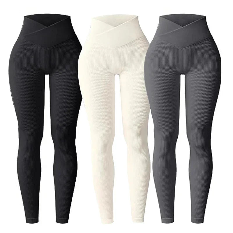 Slim Cut Casual Leggings 'Seamless High Waist' Ribbed Pattern Solid Color