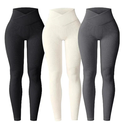 Slim Cut Casual Leggings 'Seamless High Waist' Ribbed Pattern Solid Color